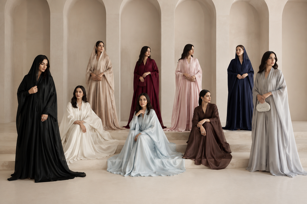 Nine women in Emira silk abayas beneath white arches